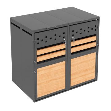 Boxă pentru pubele cu capac rabatabil hidraulic, uși duble încuiabile și două compartimente, 132x80x120 cm, Gri+Culoare naturală