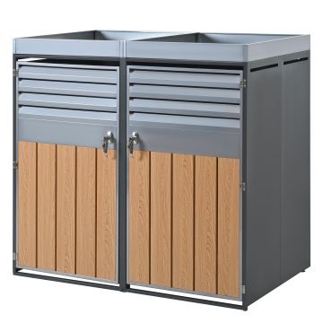 Cutie încuietabilă pentru pubele cu ghiveci integrat, ventilație cu lamele și două uși separate, 132x80x124,5 cm, Gri+Culoare naturală