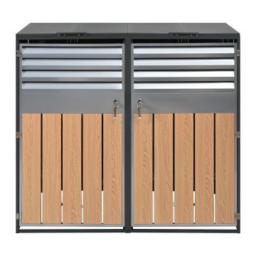 Cutie pentru pubele cu capac rabatabil hidraulic, design în două părți pentru 2 pubele, 132x80x118,5 cm, Gri+Culoare naturală