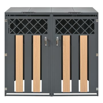 Cutie pentru pubele cu capac rabatabil hidraulic și față încuiabilă, 2 compartimente separate, 132x80x118,5 cm, Gri+Culoare naturală
