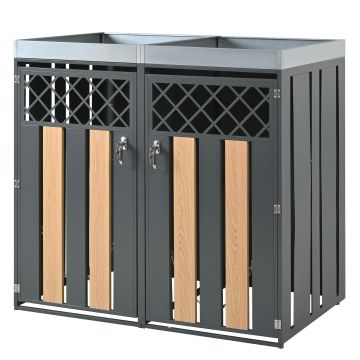 Dulap pentru pubele cu jardinieră, cutie pentru pubele, 2 piese, cu închidere cu lacăt, 132x80x124,5 cm, Gri+Culoare naturală