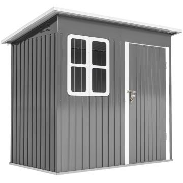Outsunny Căsuță de Grădină 2,55m² din Oțel Zincat cu Kit de Fundație, Ușă Blocabilă, Acoperiș Înclinat, Gri | Aosom Romania