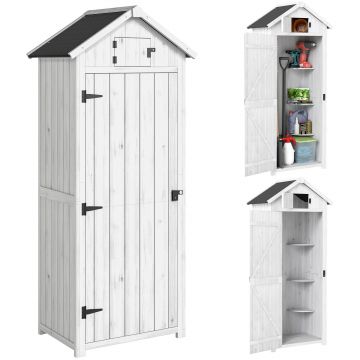 Outsunny Dulap pentru grădină exterior din lemn, Adăpost pentru unelte, 3 rafturi, 2 uși cu cleme, 77x54x179cm, Gri deschis | Aosom Romania