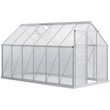 Outsunny Seră de Grădină din Policarbonat 7,1 m² dim. 1,9L x 3,75l x 1,99 m cu Fundație, Fereastră de Ventilație Reglabilă, Ușă Glisantă - Argintiu și Transparent | Aosom Romania