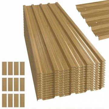 Outsunny Set de 12 Panouri pentru Acoperiș din Oțel Galvanizat 7m² pentru Căsuță de Unelte Șopron 129x45cm Lemn Natural | Aosom Romania