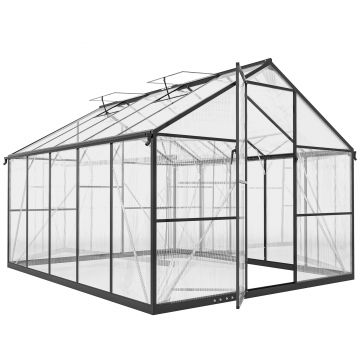 Seră de grădină Outsunny din aluminiu și policarbonat, 7,5㎡, cu ușă cu balamale, 2 ferestre reglabile, sistem de drenaj, anti-UV, 304x247x205cm, negru | Aosom Romania