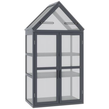 Seră mini Outsunny cu 3 nivele, sere pentru plante cu acoperiș rabatabil, uși duble din lemn, policarbonat rezistent la intemperii, natural, 70,5 x 42 x 132 cm | Aosom Romania